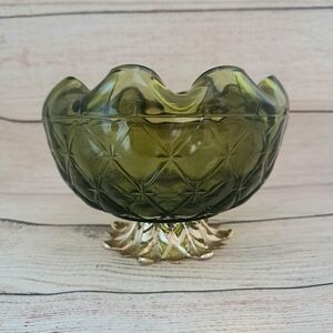 Indiana Glass Green Diamond Duette Pattern Pineapple Bowl Silver Metal Pedestal